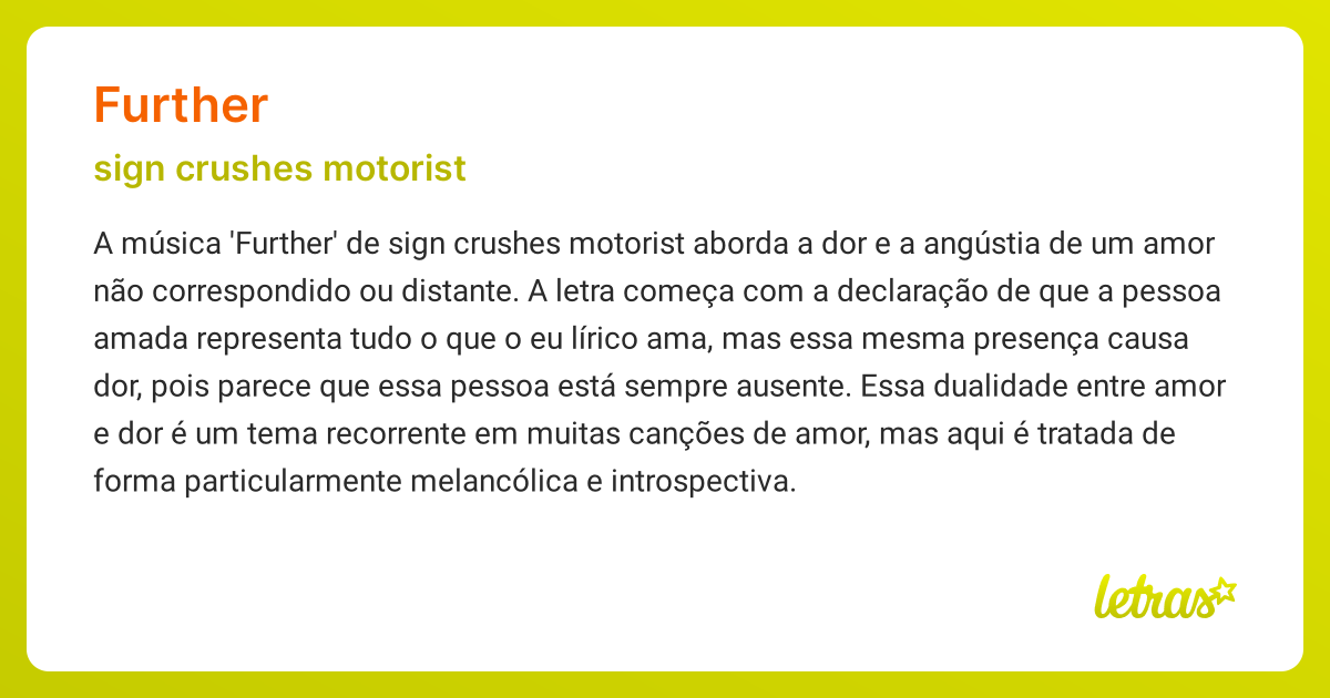 Significado da música FURTHER (sign crushes motorist) - LETRAS.MUS.BR