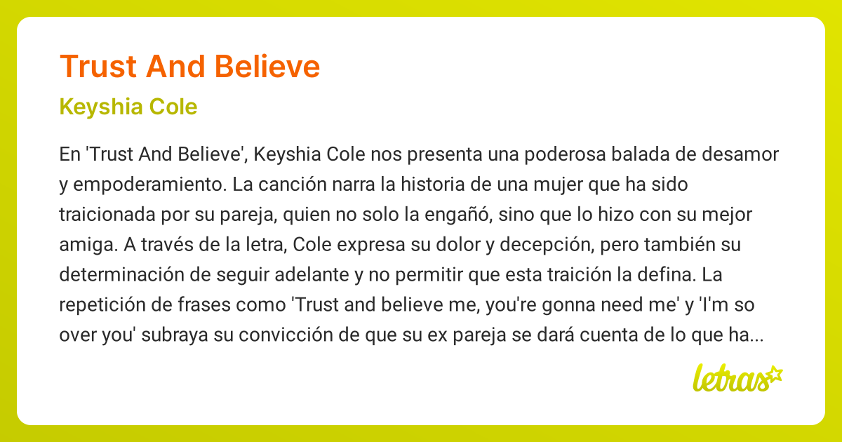 Significado de la canción TRUST AND BELIEVE (Keyshia Cole) - LETRAS.COM