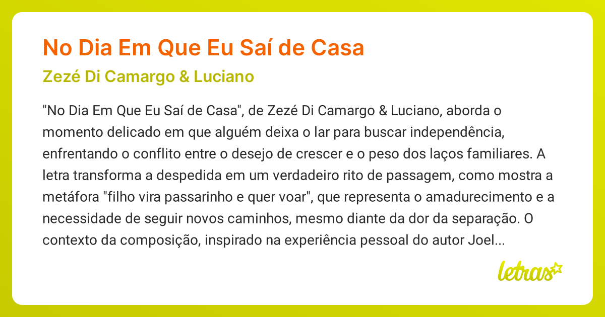 Significado da música NO DIA EM QUE EU SAÍ DE CASA (Zezé Di Camargo ...