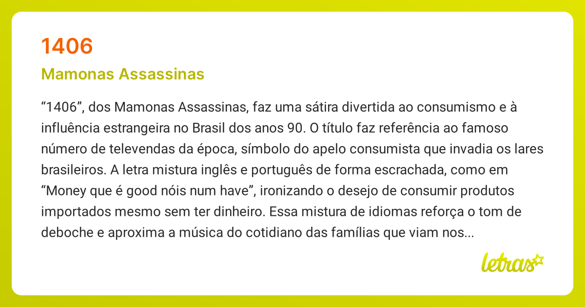 Significado da música 1406 (Mamonas Assassinas) - LETRAS.MUS.BR