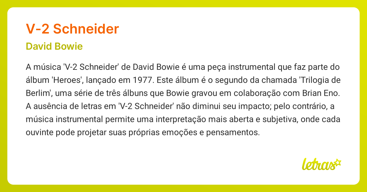 Significado da música V-2 SCHNEIDER (David Bowie) - LETRAS.MUS.BR