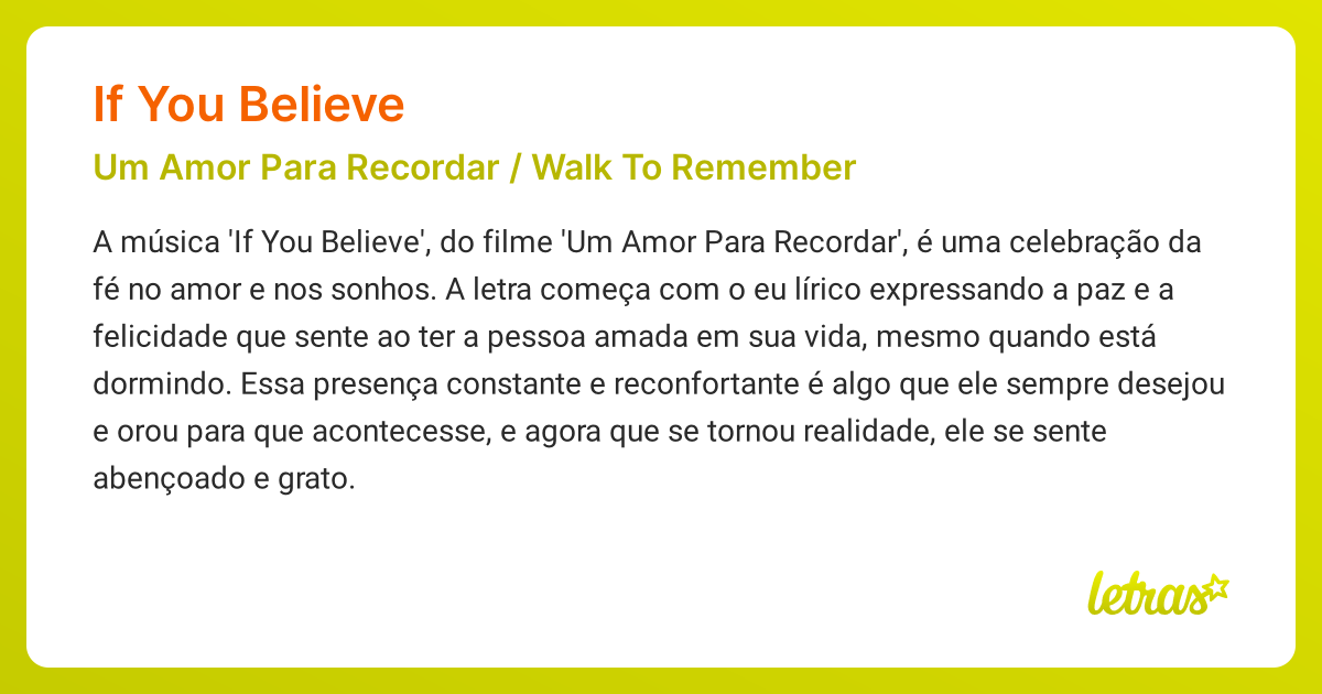 Significado da música IF YOU BELIEVE (Um Amor Para Recordar / Walk To ...