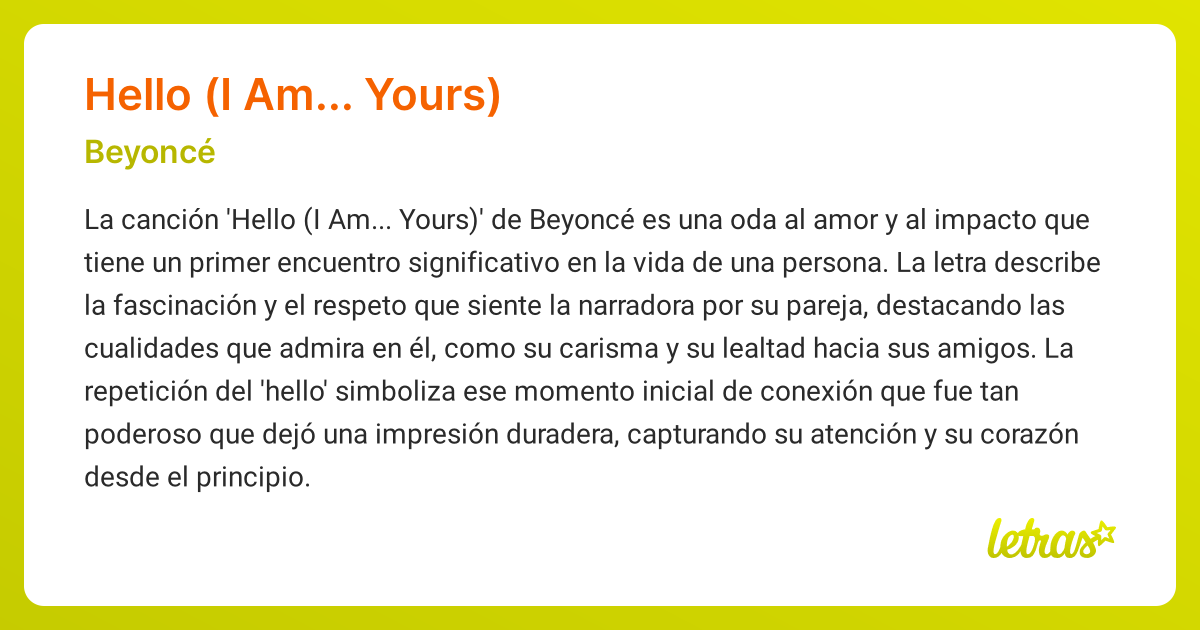 Significado de la canción HELLO (I AM... YOURS) (Beyoncé) - LETRAS.COM