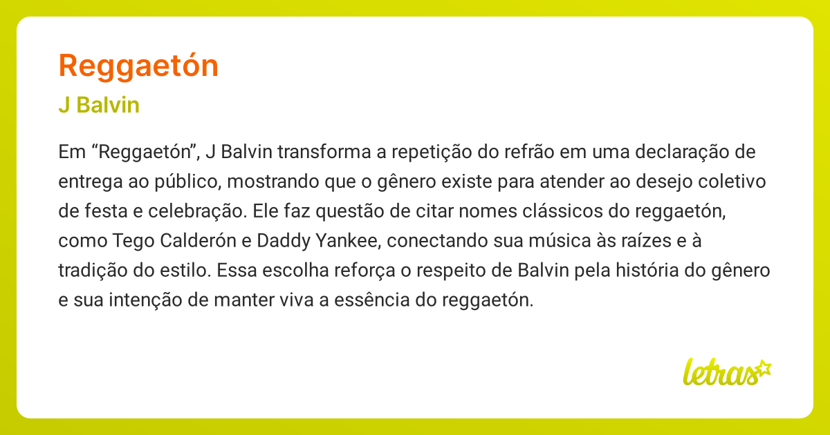 Reggaeton　プロフィール読んでね Significado da música REGGAETÓN (J Balvin) - LETRAS.MUS.BR