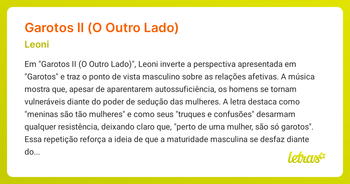 Significado da música GAROTOS II (O OUTRO LADO) (Leoni) - LETRAS.MUS.BR