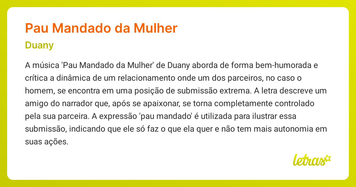 Significado da música PAU MANDADO DA MULHER (Duany) - LETRAS.MUS.BR