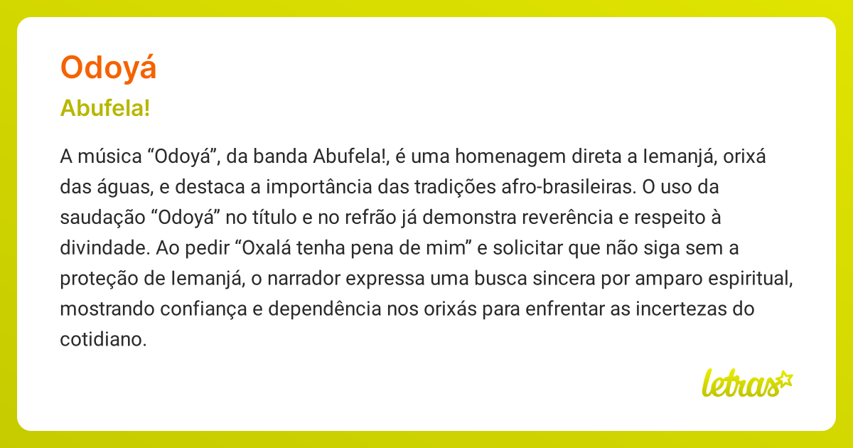 Significado da música ODOYÁ (Abufela!) - LETRAS.MUS.BR