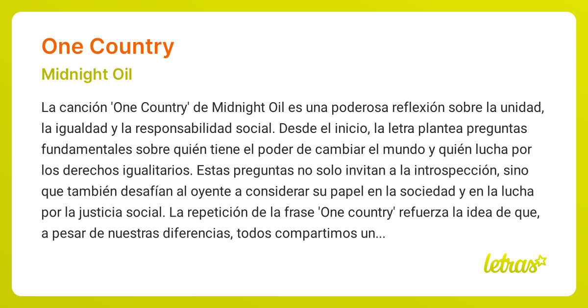 Significado de la canción ONE COUNTRY (Midnight Oil) - LETRAS.COM