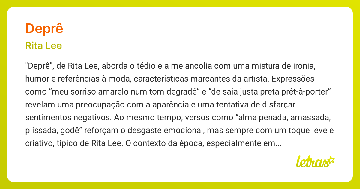 Significado da música DEPRÊ (Rita Lee) - LETRAS.MUS.BR