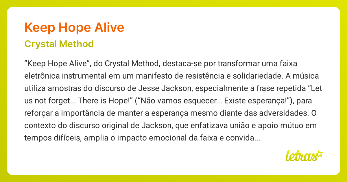 Significado da música KEEP HOPE ALIVE (Crystal Method) - LETRAS.MUS.BR