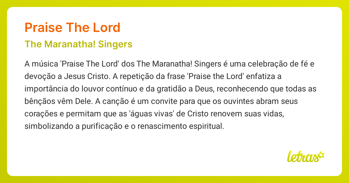 Significado da música PRAISE THE LORD (The Maranatha! Singers) - LETRAS ...