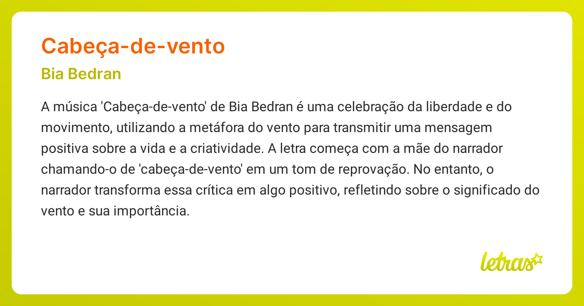 Significado da música CABEÇA-DE-VENTO (Bia Bedran) - LETRAS.MUS.BR