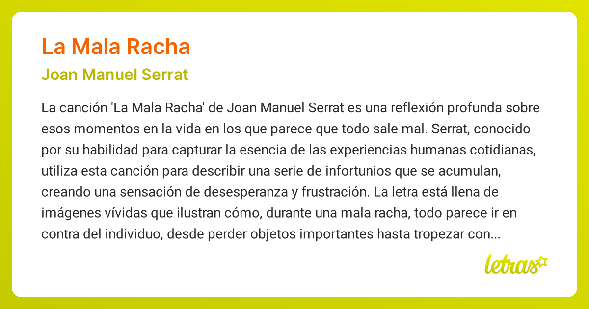 Significado de la canción LA MALA RACHA (Joan Manuel Serrat) - LETRAS.COM