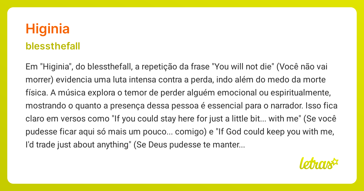 Significado da música HIGINIA (blessthefall) - LETRAS.MUS.BR