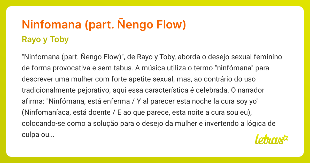 Significado da música NINFOMANA (PART. ÑENGO FLOW) (Rayo y Toby