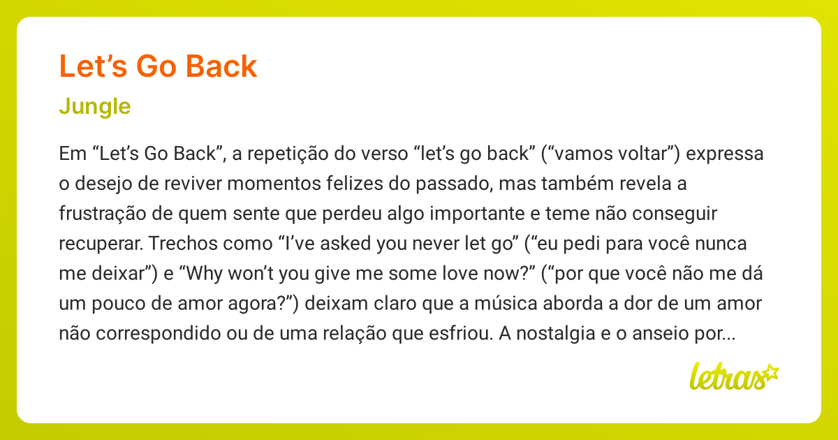 Significado da música LET’S GO BACK (Jungle) - LETRAS.MUS.BR