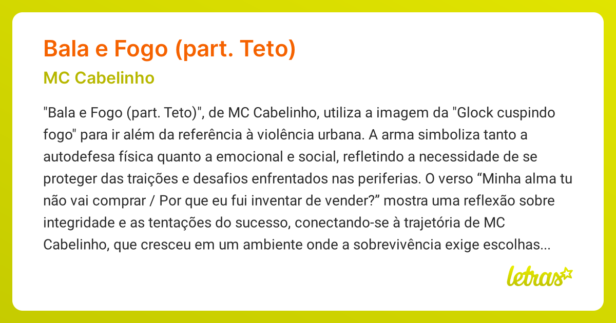 Significado da música BALA E FOGO (PART. TETO) (MC Cabelinho) - LETRAS ...