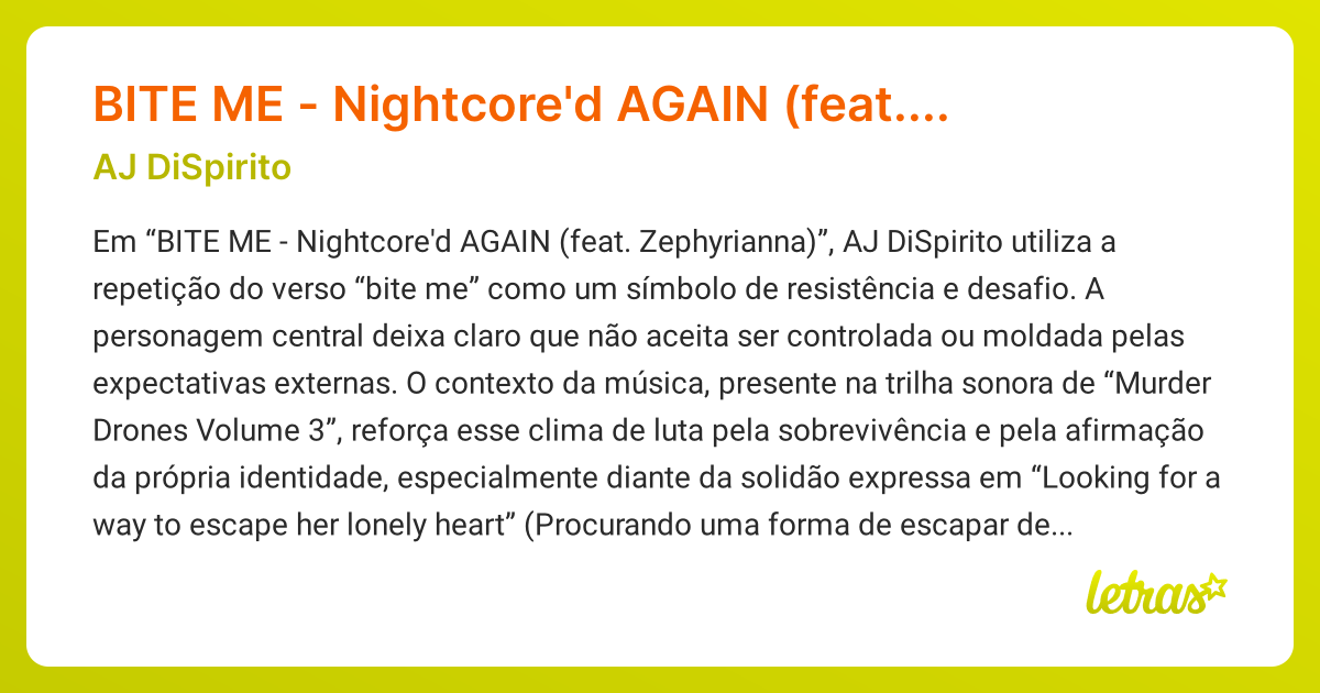 Significado da música BITE ME - Nightcore'd AGAIN (feat. Zephyrianna ...