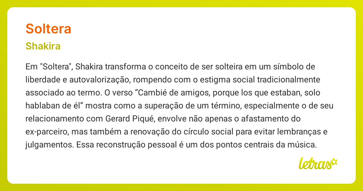 Significado da música SOLTERA (Shakira) - LETRAS.MUS.BR