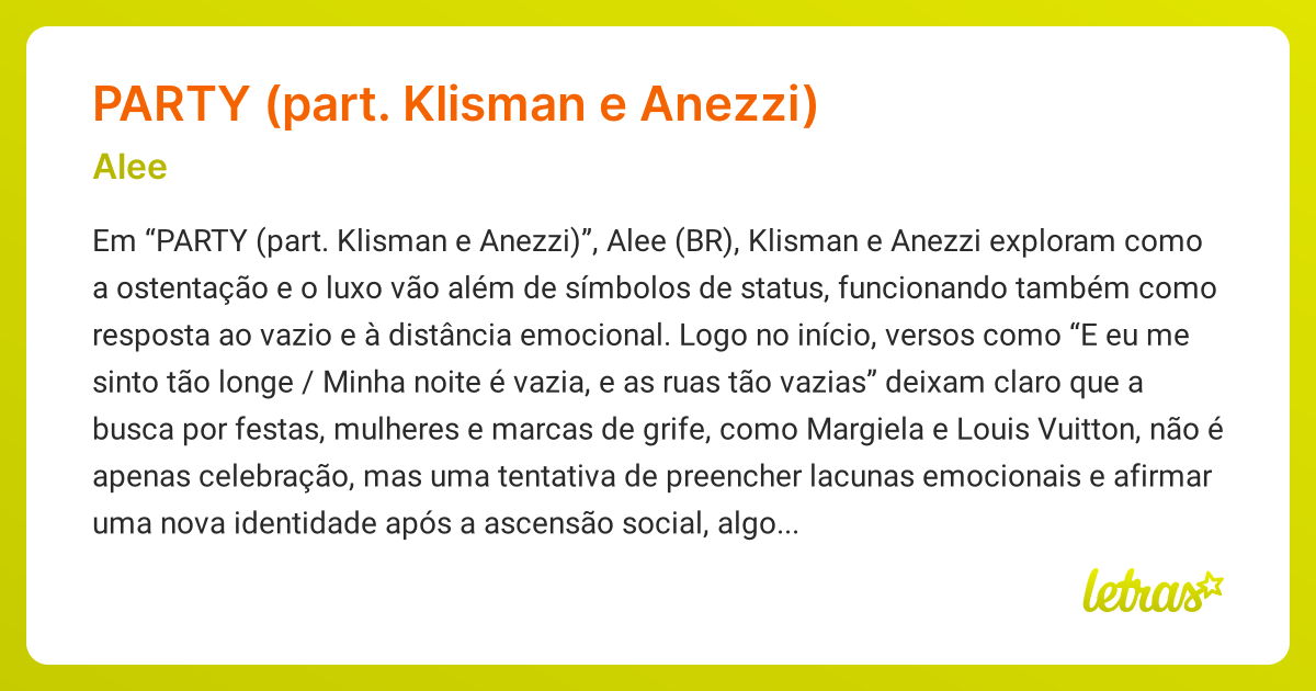 Significado da música PARTY (PART. KLISMAN E ANEZZI) (Alee) - LETRAS.MUS.BR