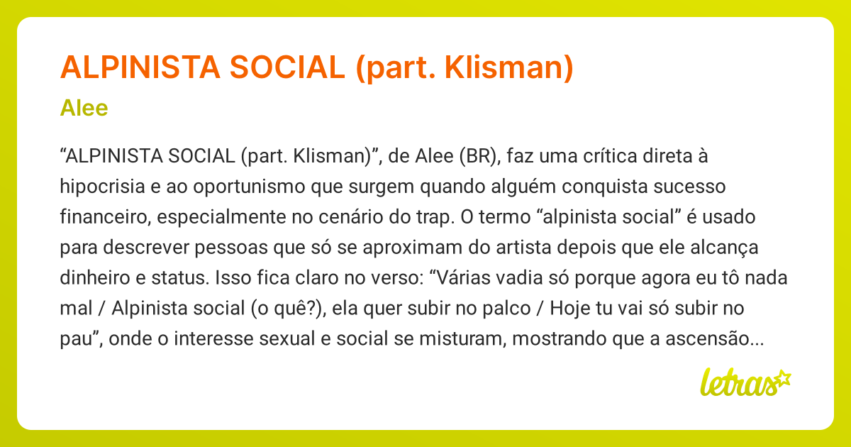 Significado da música ALPINISTA SOCIAL (part. Klisman) (Alee) - LETRAS ...