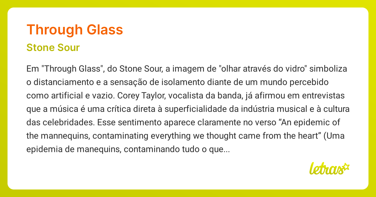Significado da música THROUGH GLASS (Stone Sour) LETRAS.MUS.BR