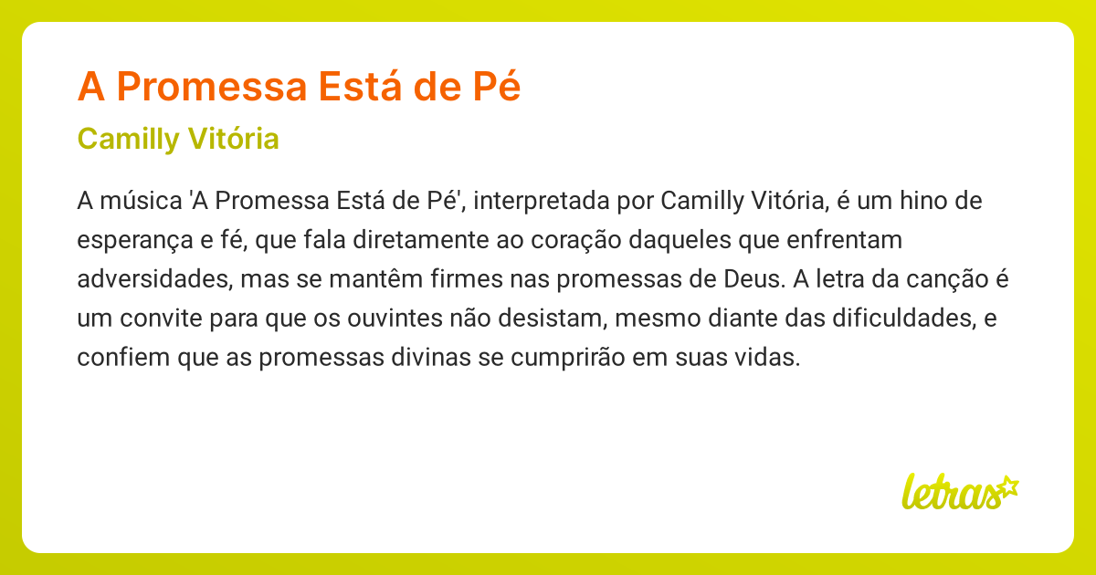 Significado da música A PROMESSA ESTÁ DE PÉ (Camilly Vitória) - LETRAS ...