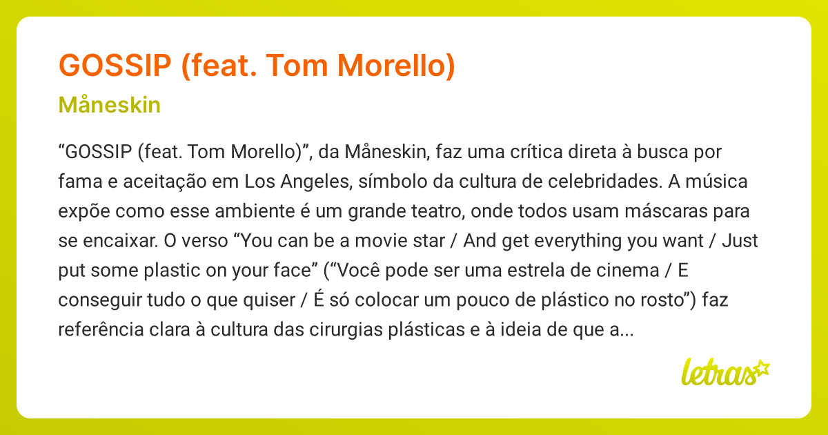 Significado da música GOSSIP (FEAT. TOM MORELLO) (Måneskin) - LETRAS.MUS.BR