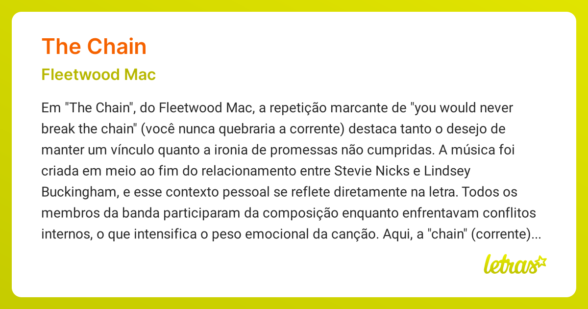 Significado da música THE CHAIN (Fleetwood Mac) LETRAS.MUS.BR