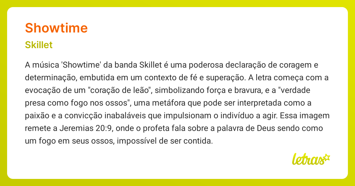 Significado da música SHOWTIME (Skillet) - LETRAS.MUS.BR