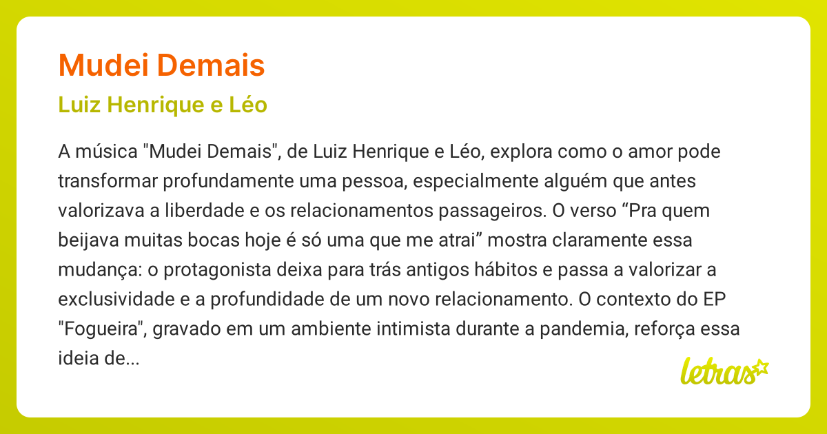 Significado da música MUDEI DEMAIS (Luiz Henrique e Léo) - LETRAS.MUS.BR