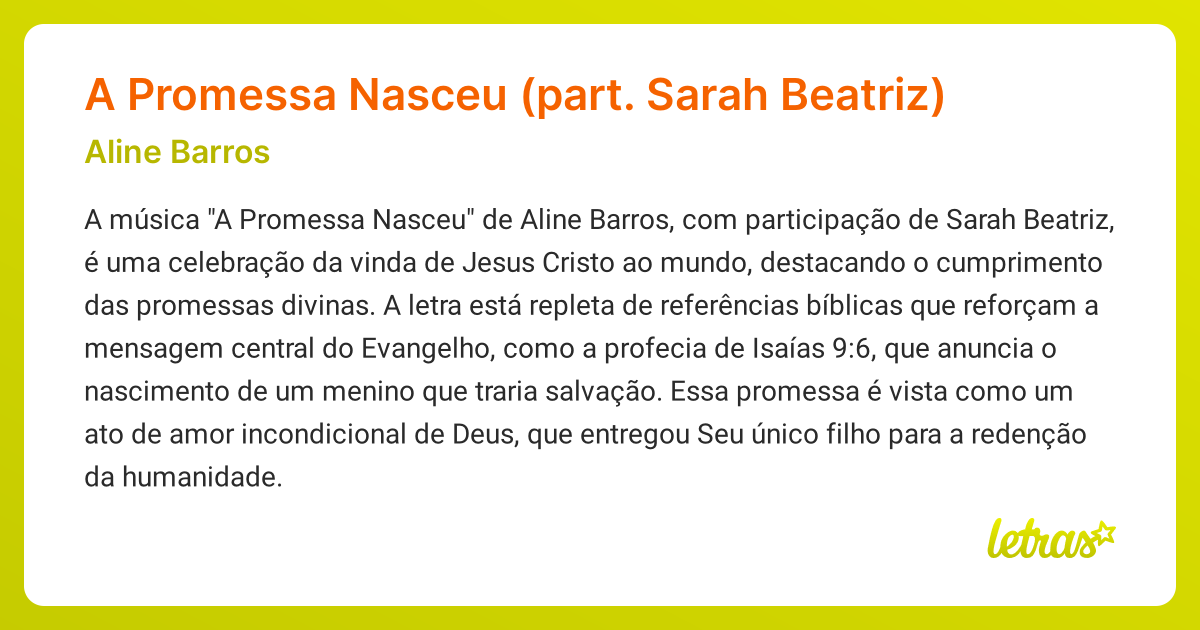 Significado da música A Promessa Nasceu (part. Sarah Beatriz) (Aline ...