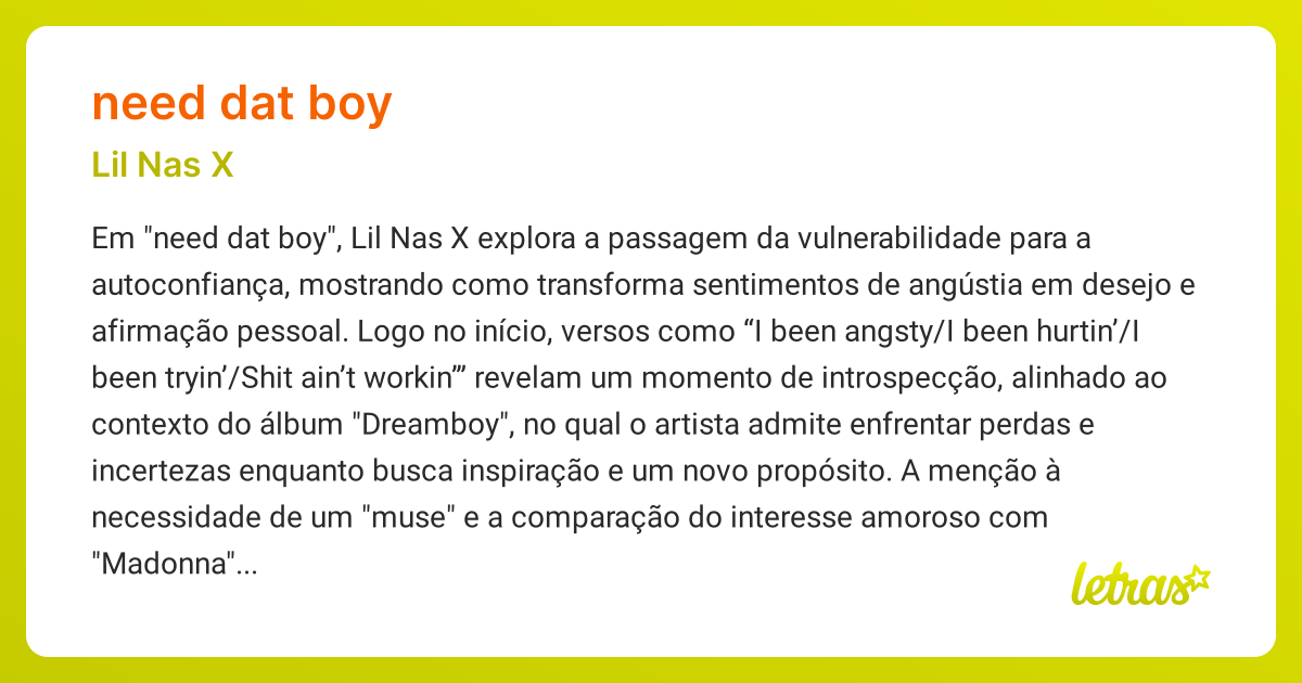 Significado da música NEED DAT BOY (Lil Nas X) - LETRAS.MUS.BR