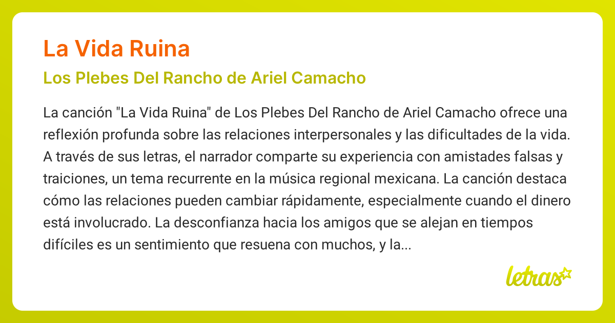 Significado de la canción LA VIDA RUINA (Los Plebes Del Rancho de Ariel ...