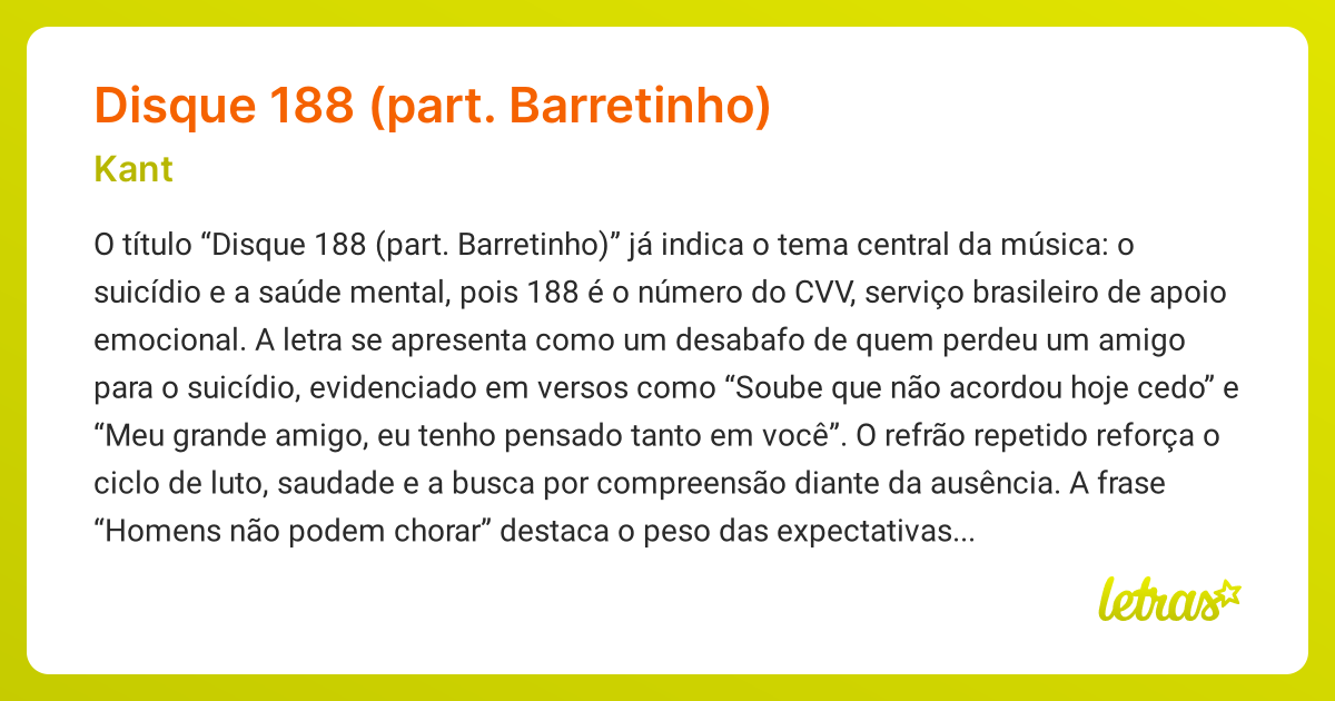 Significado da música DISQUE 188 (PART. BARRETINHO) (Kant) - LETRAS.MUS.BR