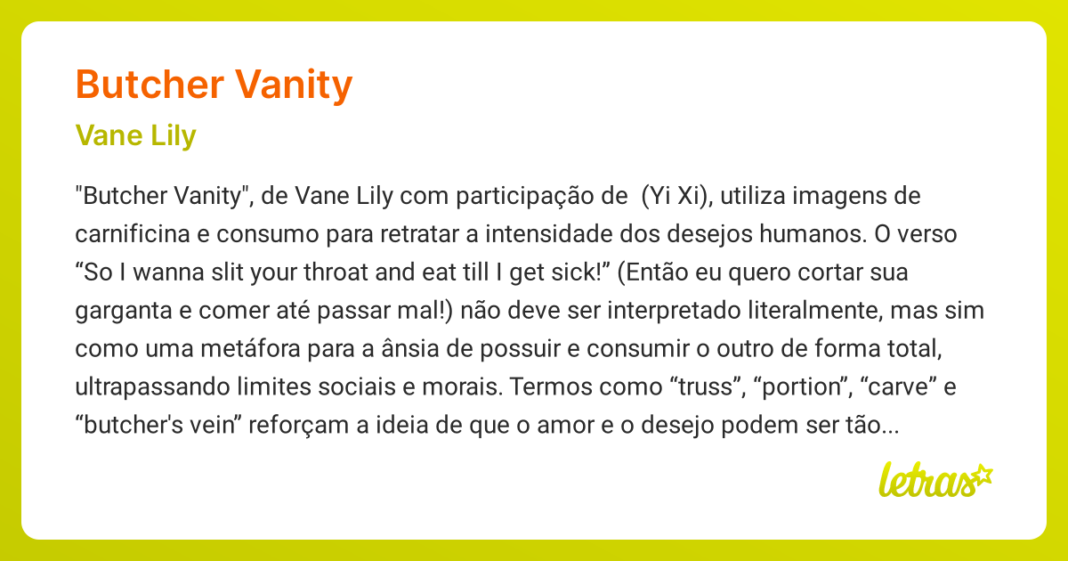 Significado da música BUTCHER VANITY (Vane Lily) - LETRAS.MUS.BR