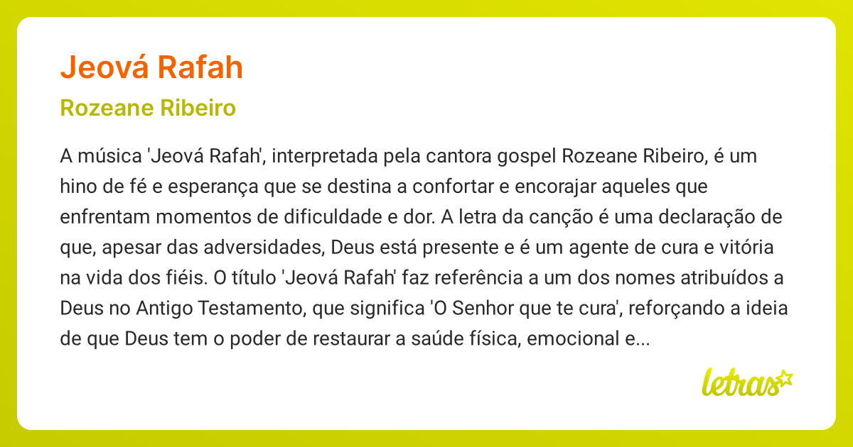 Significado da música JEOVÁ RAFAH (Rozeane Ribeiro) - LETRAS.MUS.BR