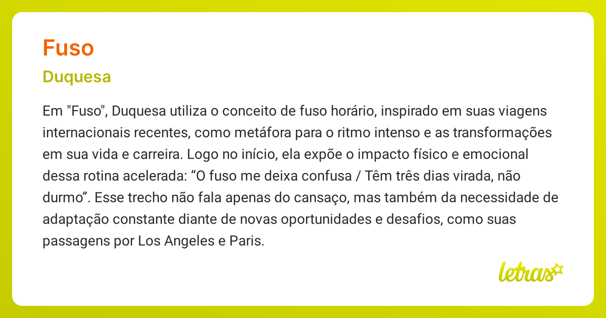 Significado da música FUSO (Duquesa) - LETRAS.MUS.BR