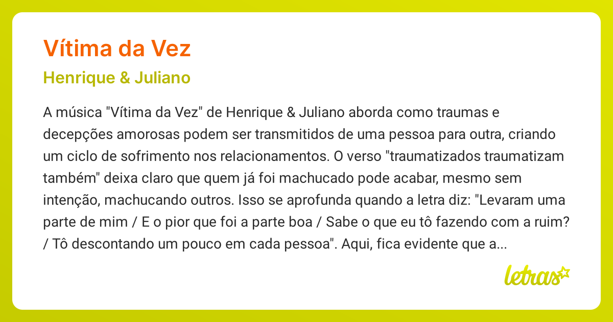 Significado da música VÍTIMA DA VEZ (Henrique & Juliano) - LETRAS.MUS.BR