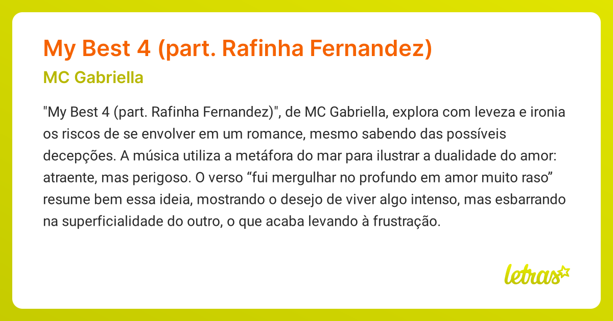 Significado da música My Best 4 (part. Rafinha Fernandez) (MC Gabriella ...