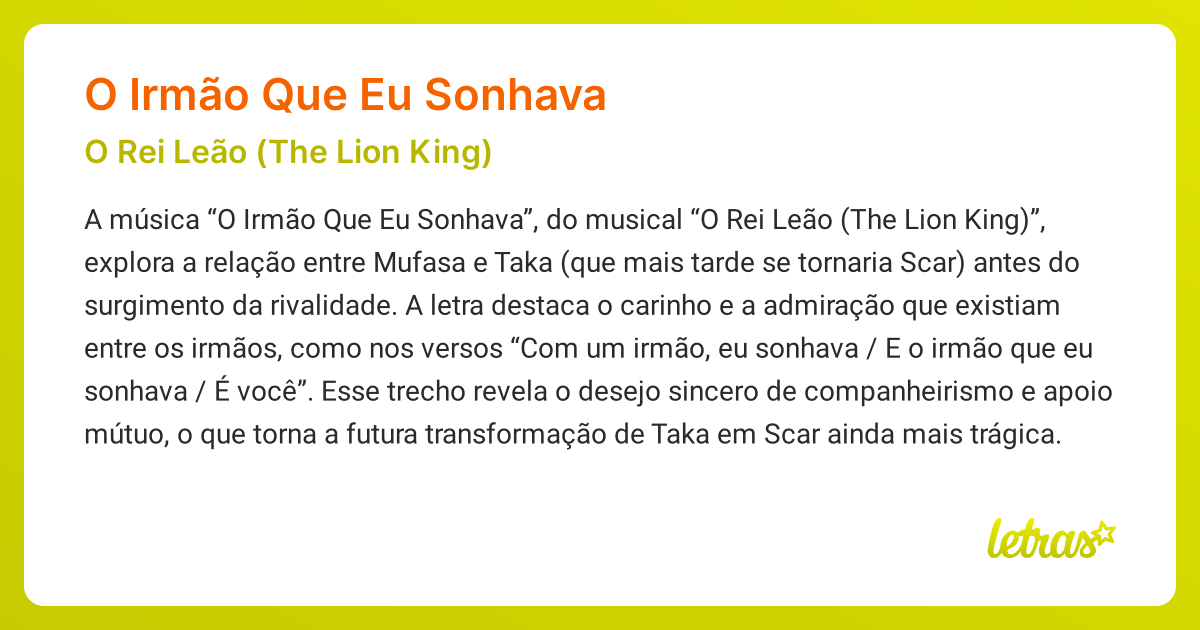Significado da música O IRMÃO QUE EU SONHAVA (O Rei Leão (The Lion King ...