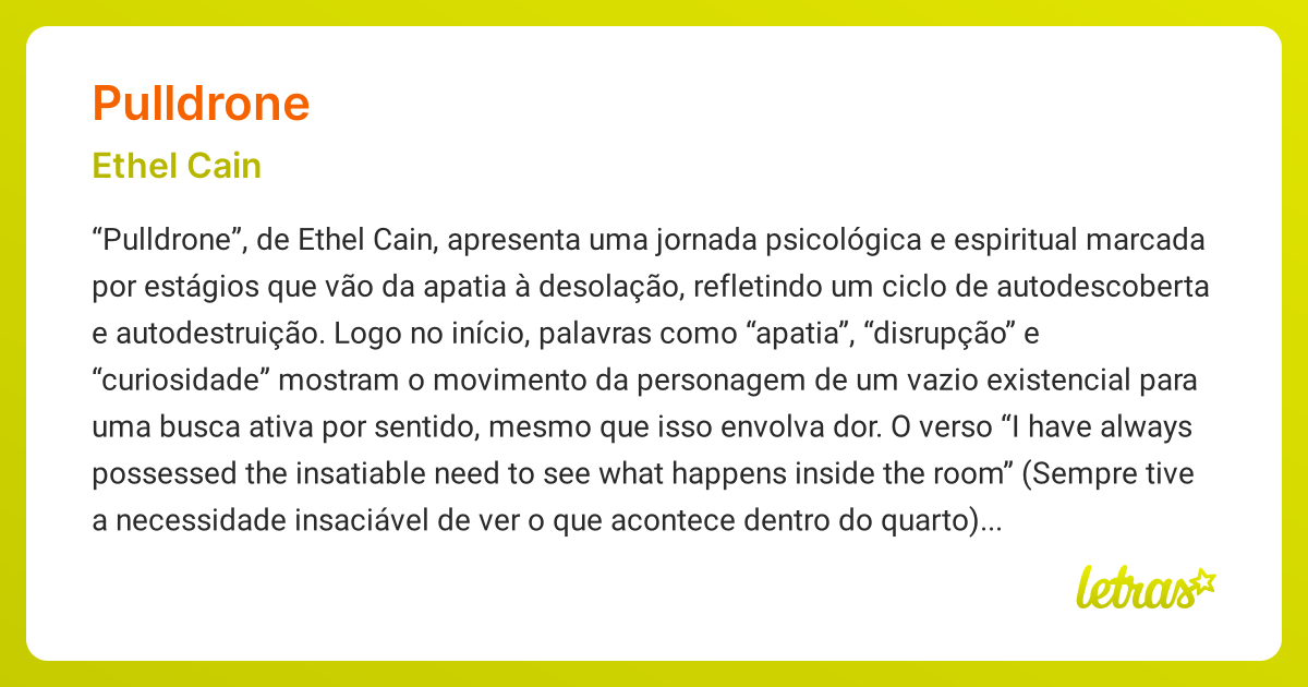 Significado da música PULLDRONE (Ethel Cain) - LETRAS.MUS.BR