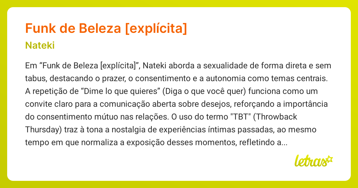 Significado da música FUNK DE BELEZA [EXPLÍCITA] (Nateki) - LETRAS.MUS.BR