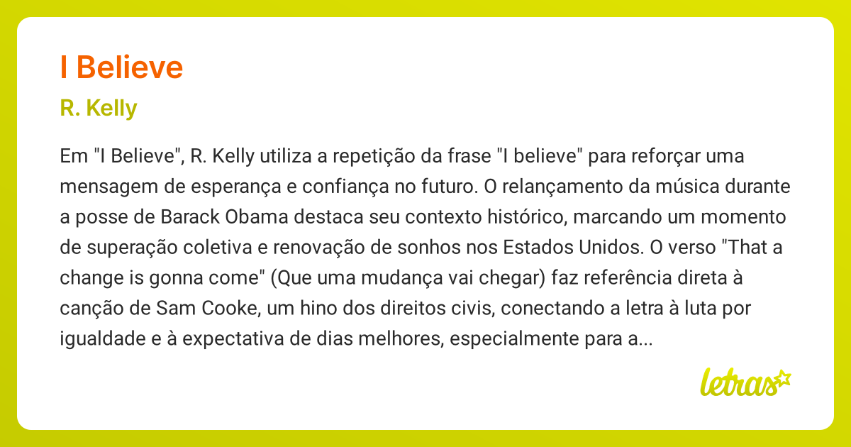 Significado da música I BELIEVE (R. Kelly) - LETRAS.MUS.BR