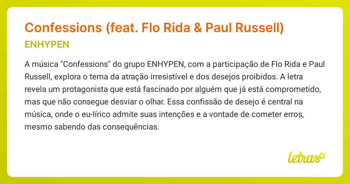 Significado da música Confessions (feat. Flo Rida & Paul Russell ...