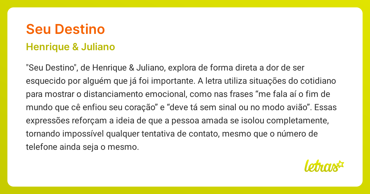Significado da música SEU DESTINO (Henrique & Juliano) - LETRAS.MUS.BR