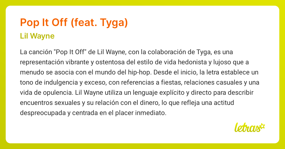 Significado de la canción POP IT OFF (FEAT. TYGA) (Lil Wayne) - LETRAS.COM