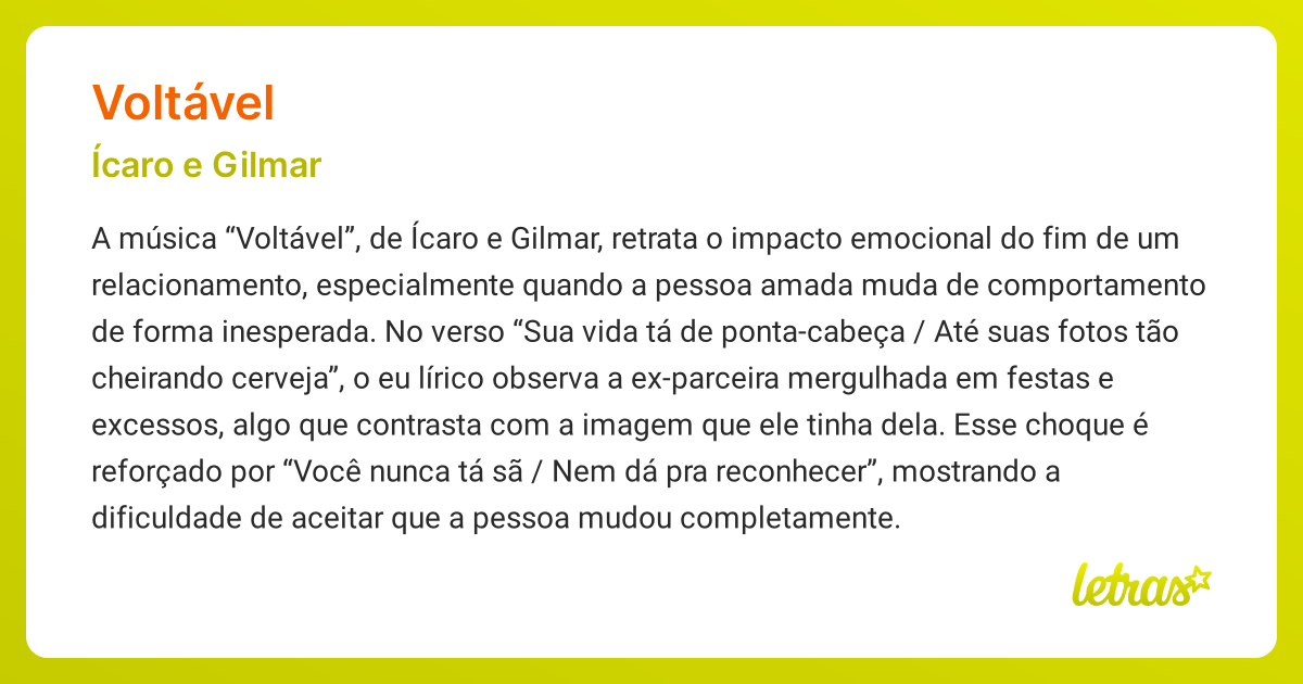 Significado da música VOLTÁVEL (Ícaro & Gilmar) - LETRAS.MUS.BR