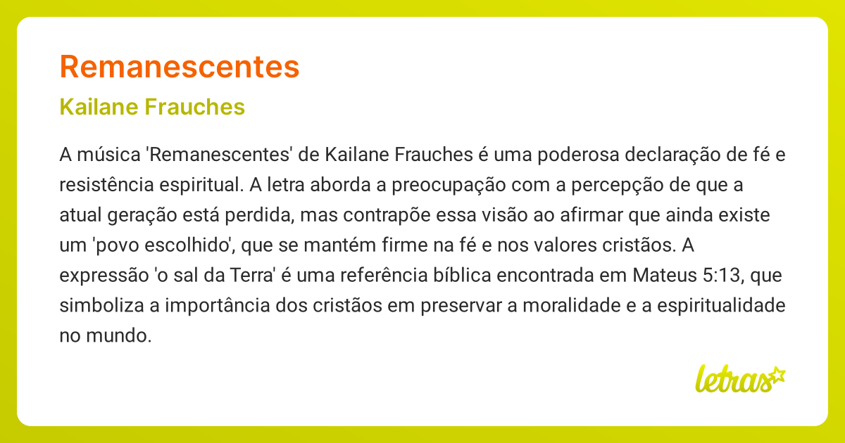 Significado da música REMANESCENTES (Kailane Frauches) - LETRAS.MUS.BR
