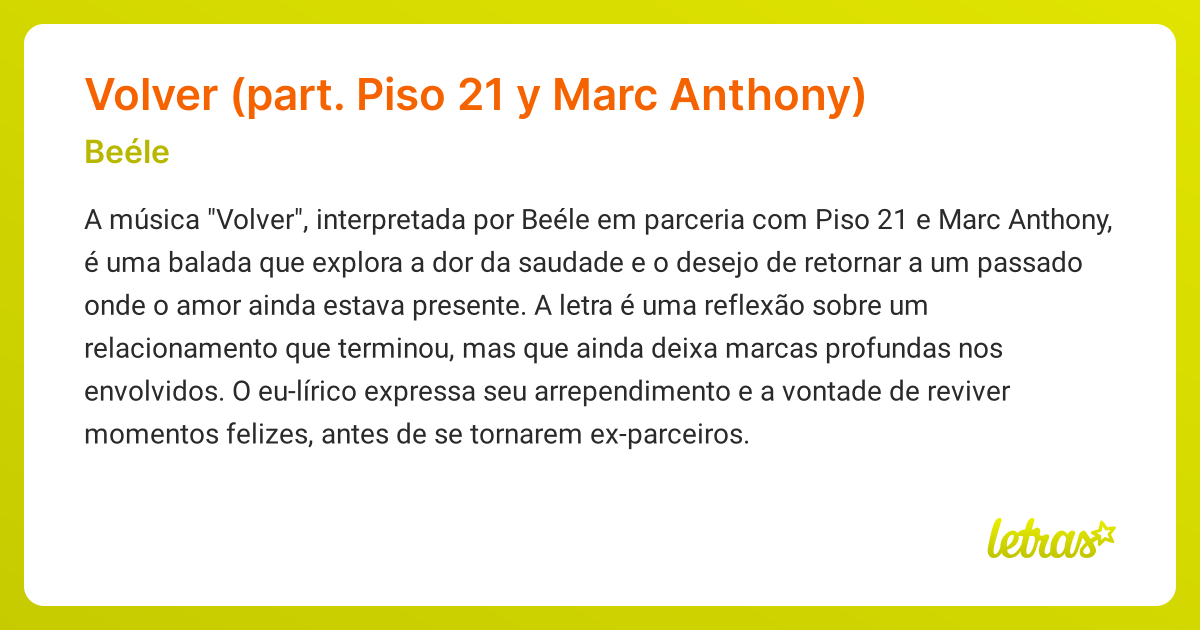 Significado da música Volver (part. Piso 21 y Marc Anthony) (Beéle ...